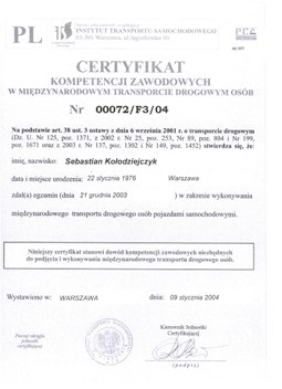 Certyfikat kompetencji zawodowych w miedzynarodowym transporcie drogowym os�b.
