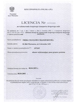 Licencja na wykonywanie krajowego transportu drogowego os�b